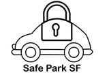 A symbol of a lock on a car, with the words Safe Park SF written below it.